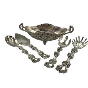 Vtg Godinger Silver Plated Footed Bowl & Set of 4 Serving Utensils Grape Pattern